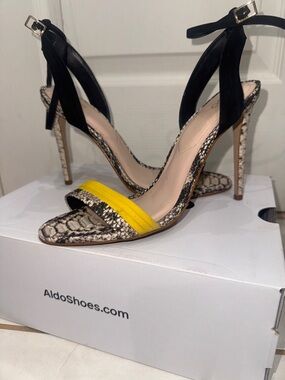 ALDO Women's Snake-Print Ankle Strap Sandals in Yellow and Black